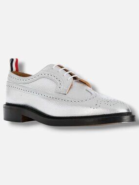 Thom Browne Men's Silver Metallic Pebbled-Leather Brogues Shoes Size UK:7 US:8